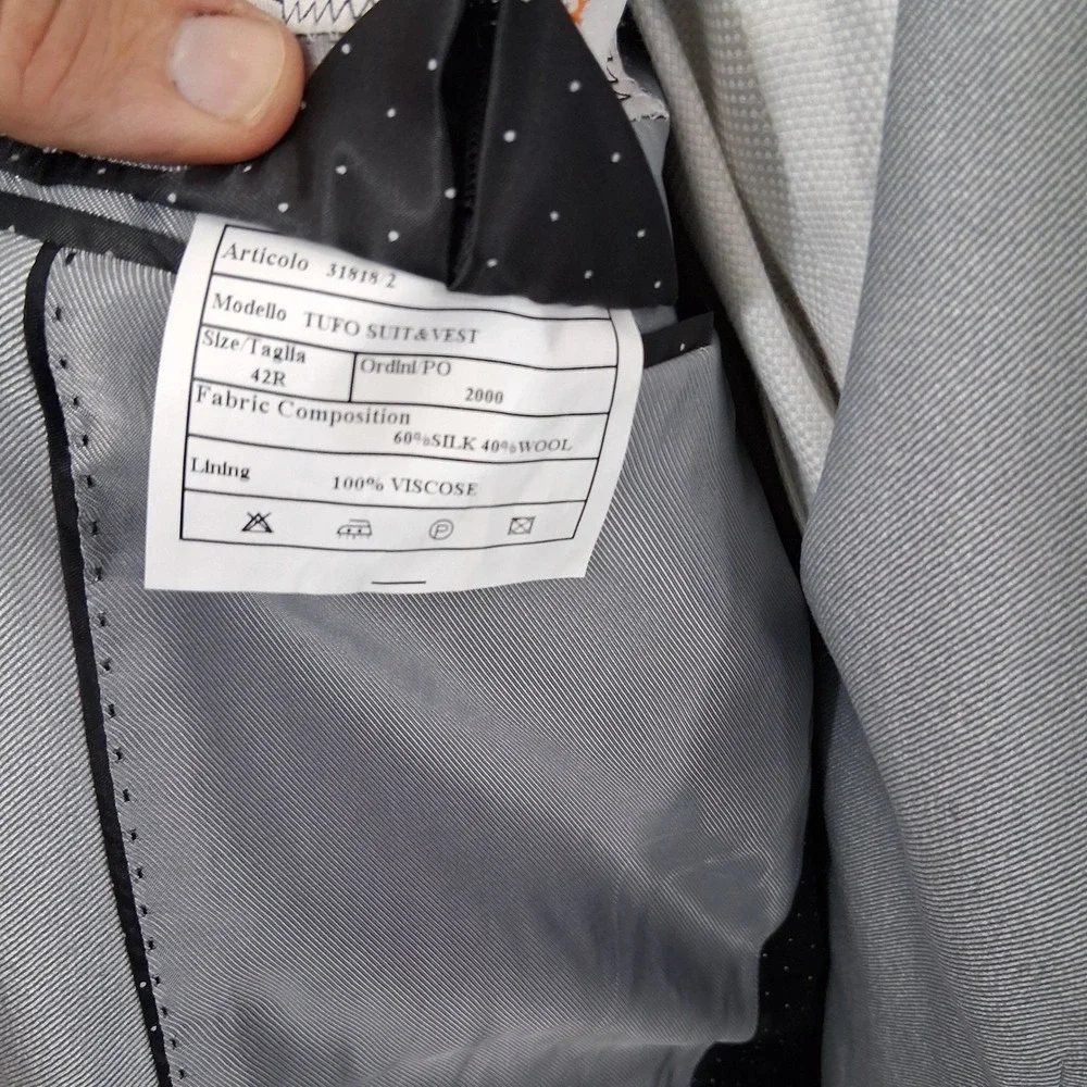 Tiglio Luxe 3 Piece Suit Men 42R Light Gray Silk Wool Luxury Tufo Suit & Vest